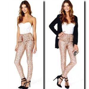 Nasty Gal Dream Sequence Sequin Rose Gold Peplum XS Pants Sparkly Party RARE HTF